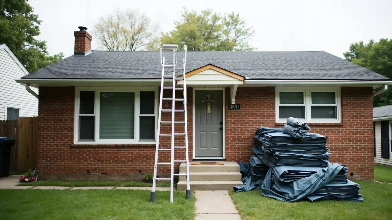 Extension ladder against the eave of a brick ranch house with bundles of new shingles stacked on the lawn