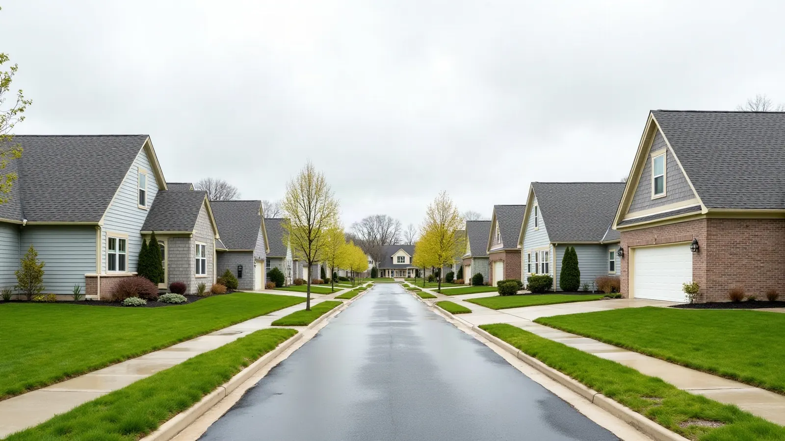 Two-story homes with gray shingle roofs on a quiet cul-de-sac after rain